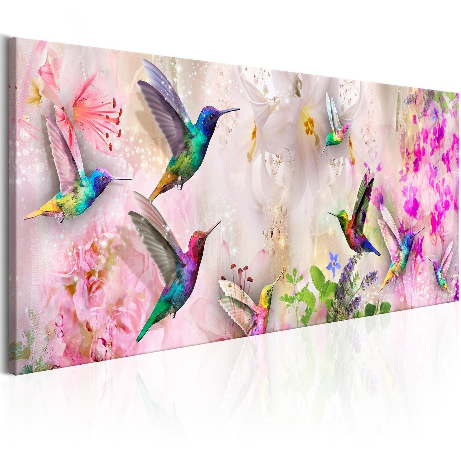 Stretched Canvas Animal Art - Colourful Hummingbirds Narrow-Tiptophomedecor
