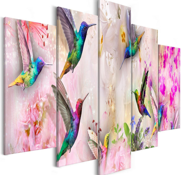 Stretched Canvas Animal Art - Colourful Hummingbirds Pink 5 Piece-Tiptophomedecor