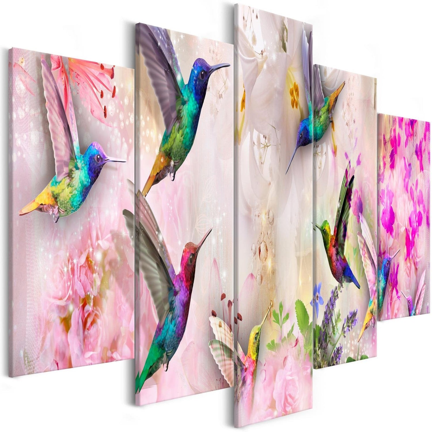 Stretched Canvas Animal Art - Colourful Hummingbirds Pink 5 Piece-Tiptophomedecor
