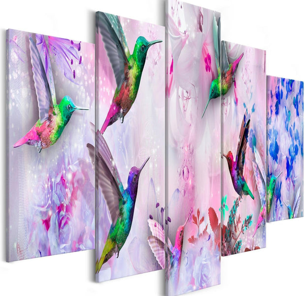 Stretched Canvas Animal Art - Colourful Hummingbirds Violet 5 Piece-Tiptophomedecor