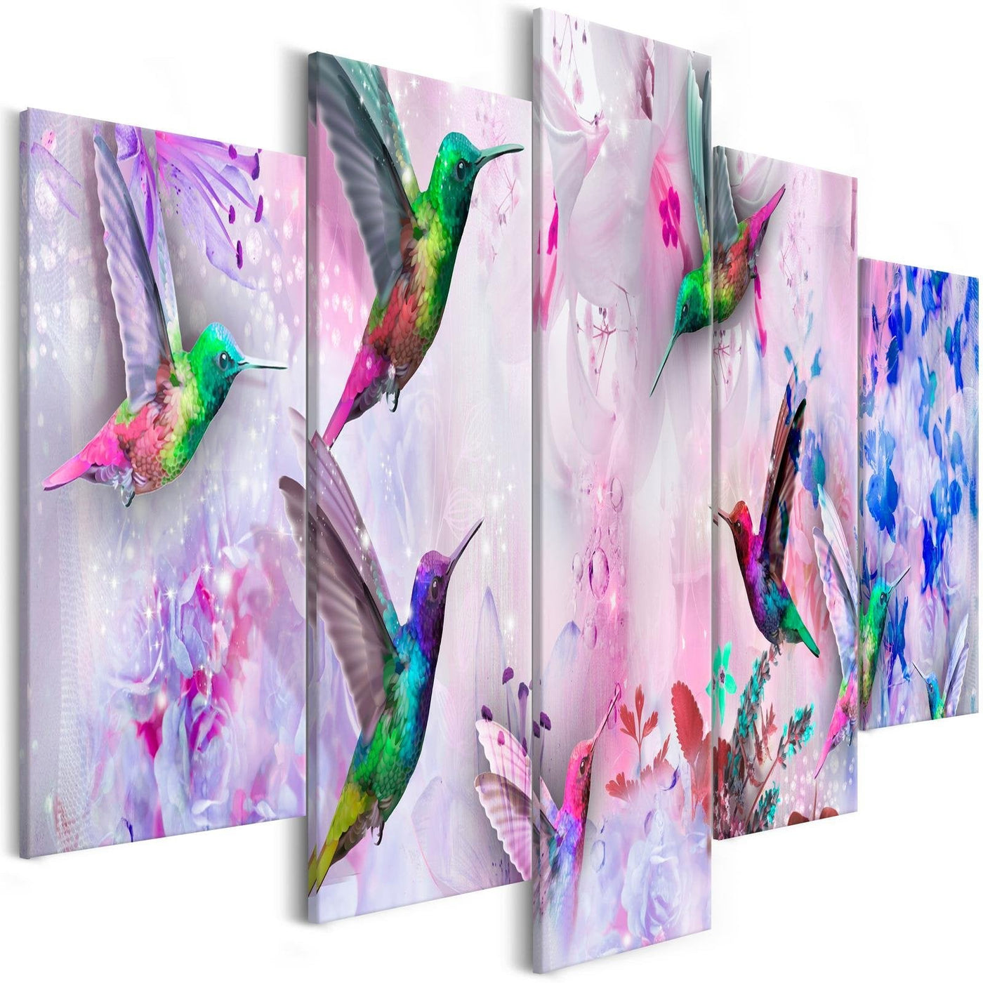 Stretched Canvas Animal Art - Colourful Hummingbirds Violet 5 Piece-Tiptophomedecor