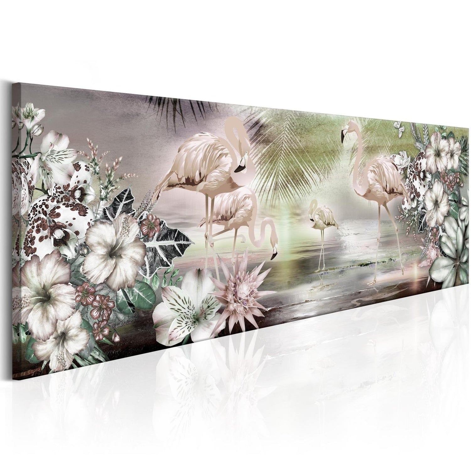 Stretched Canvas Animal Art - Flamingoes And Flowers-Tiptophomedecor