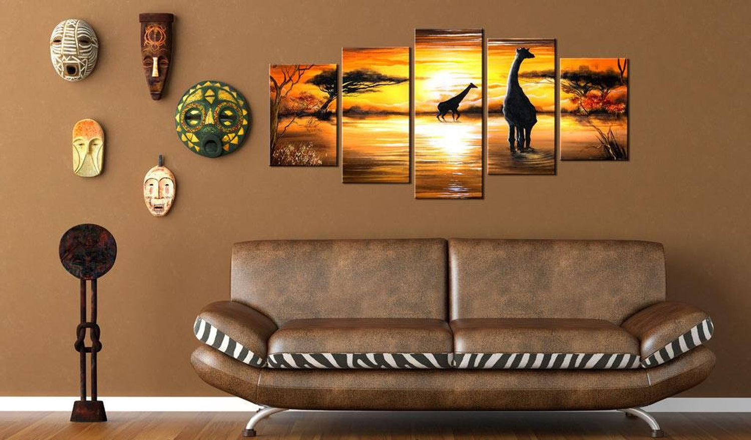 Stretched Canvas Animal Art - Giraffes At Watering Hole-Tiptophomedecor