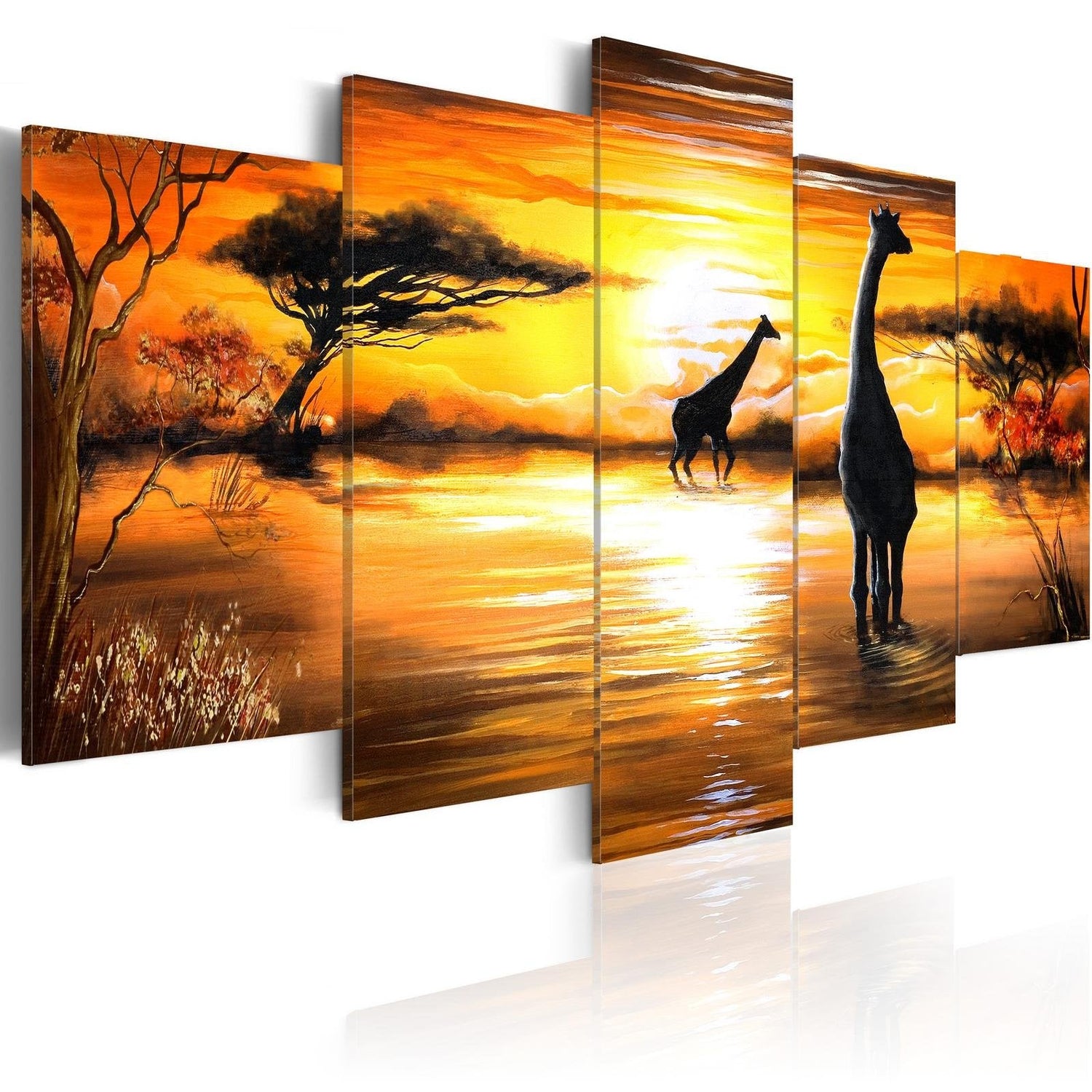 Stretched Canvas Animal Art - Giraffes At Watering Hole-Tiptophomedecor