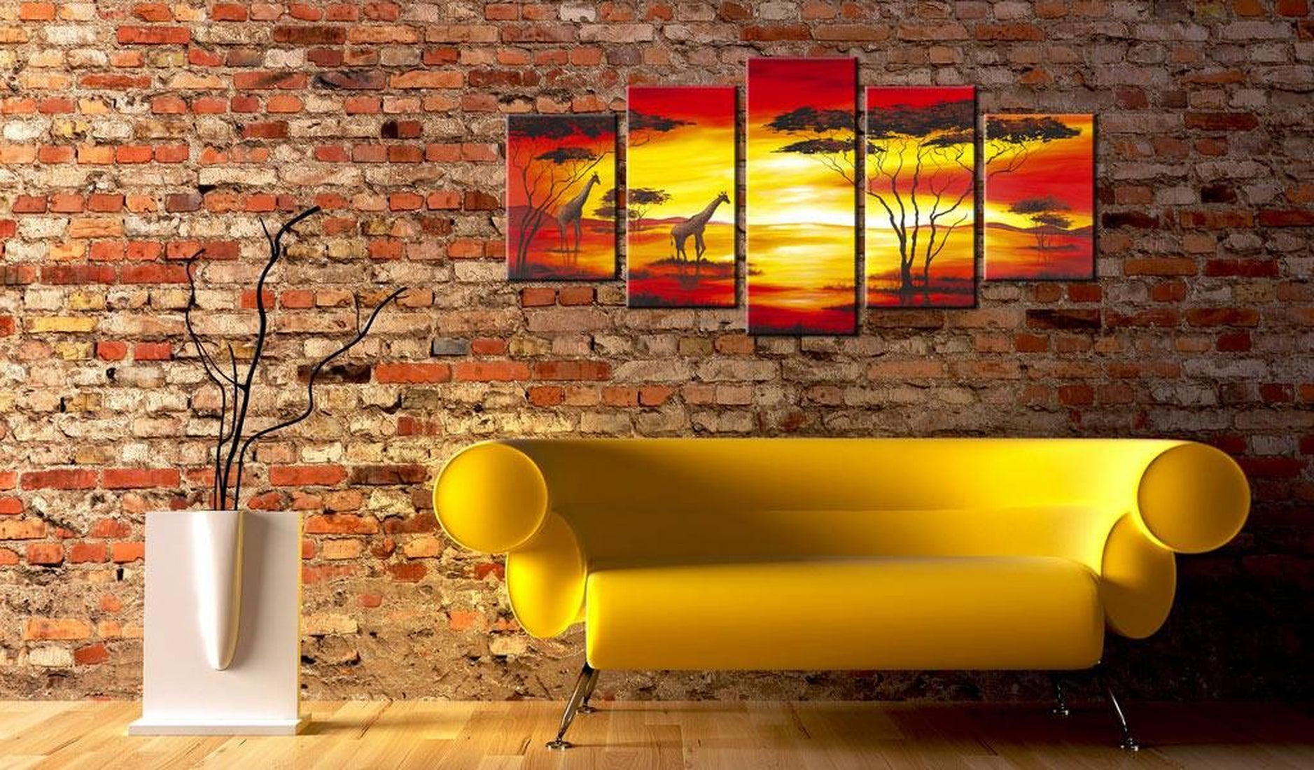 Stretched Canvas Animal Art - Giraffes On The Background With Sunset-Tiptophomedecor