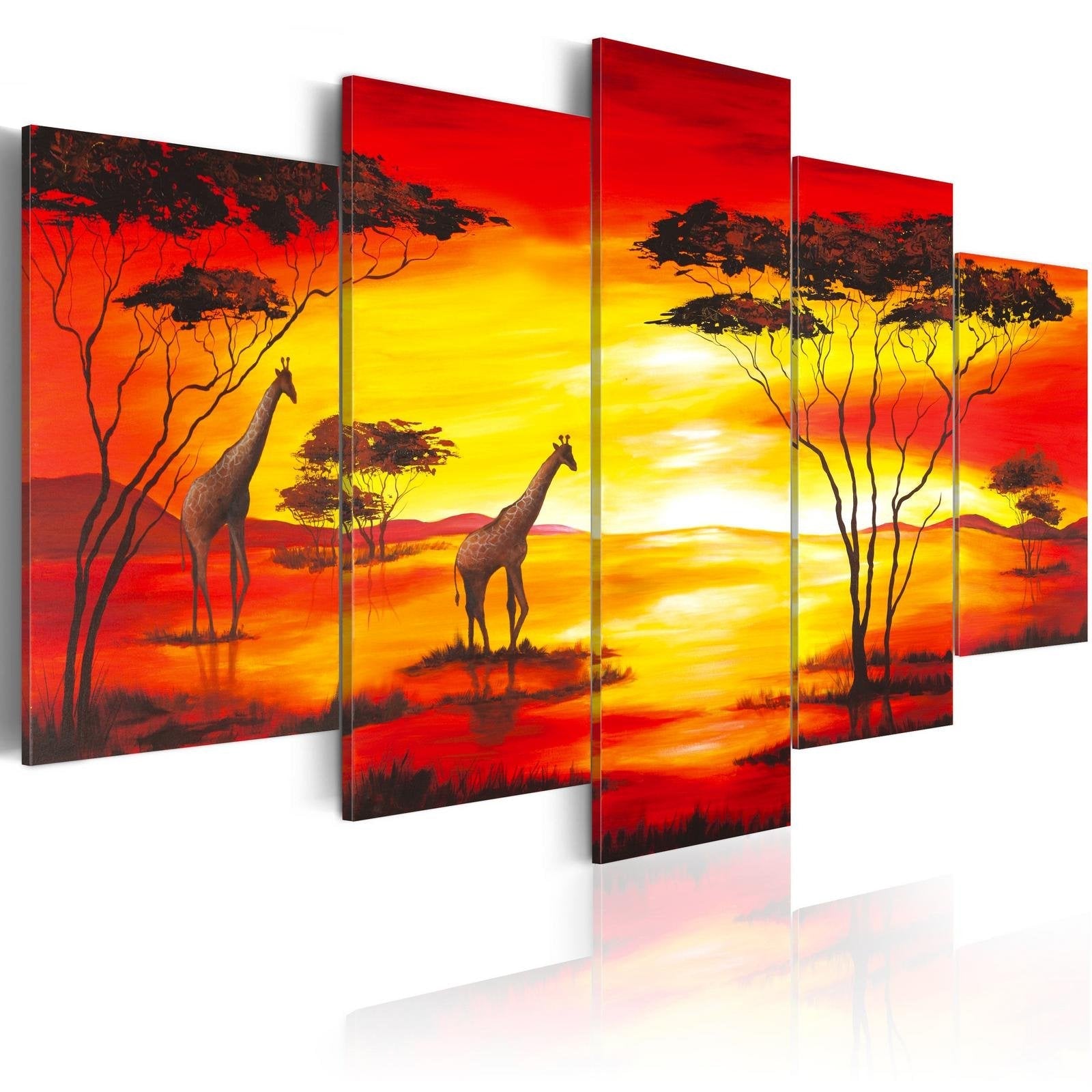 Stretched Canvas Animal Art - Giraffes On The Background With Sunset-Tiptophomedecor