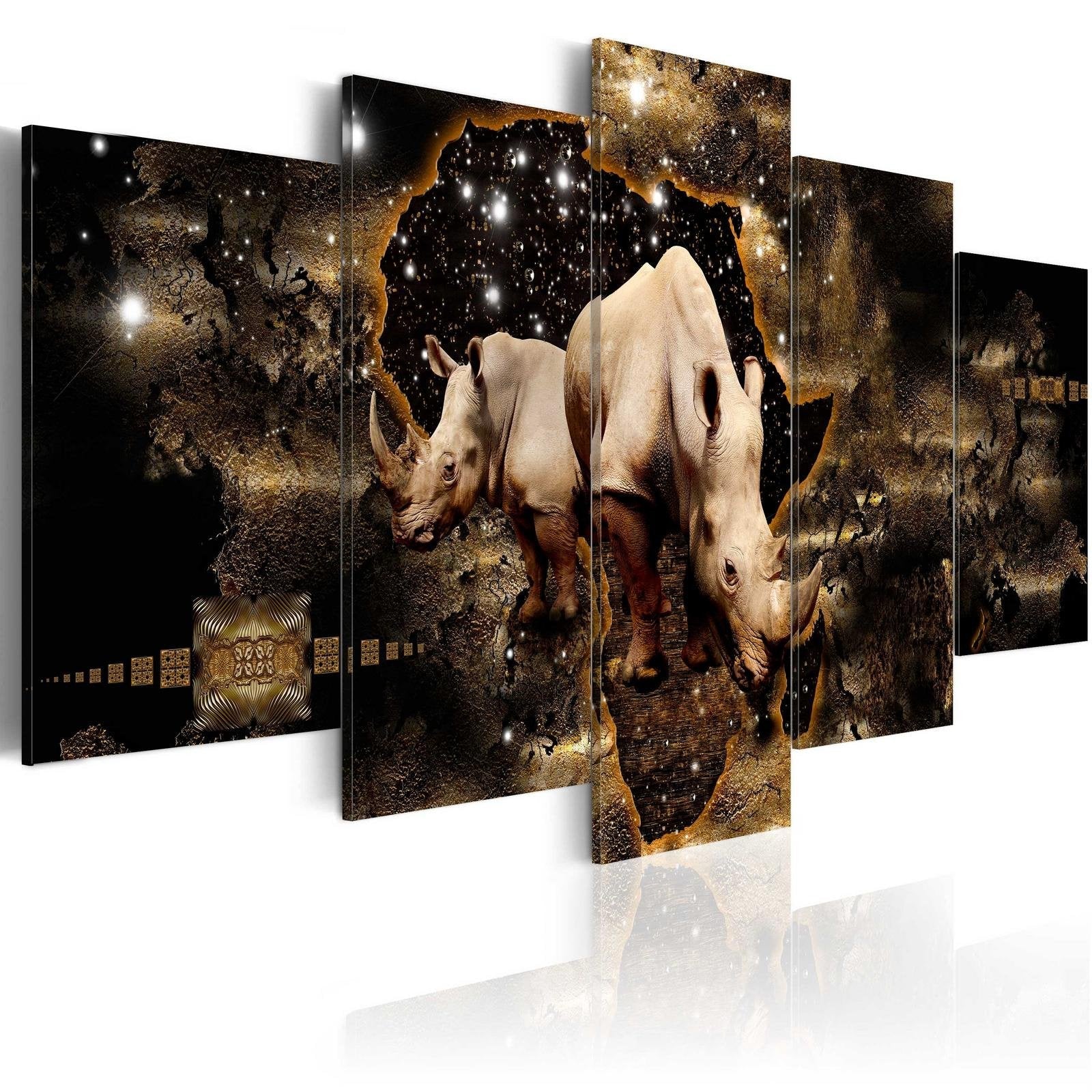 Stretched Canvas Animal Art - Golden Rhino 5 Piece-Tiptophomedecor