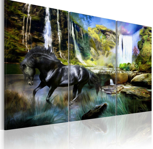 Stretched Canvas Animal Art - Horse On The Sky-Blue Waterfall Background-Tiptophomedecor