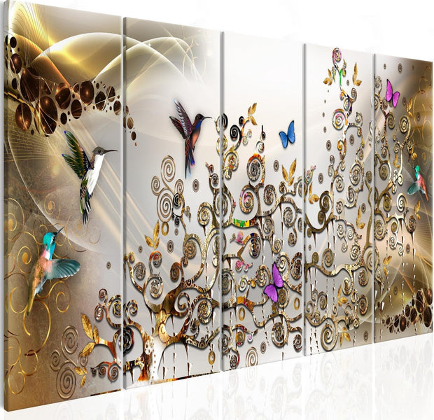 Stretched Canvas Animal Art - Hummingbirds Dance Gold Narrow-Tiptophomedecor