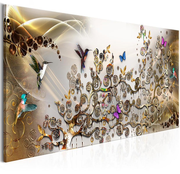 Stretched Canvas Animal Art - Hummingbirds Dance Gold Narrow-Tiptophomedecor