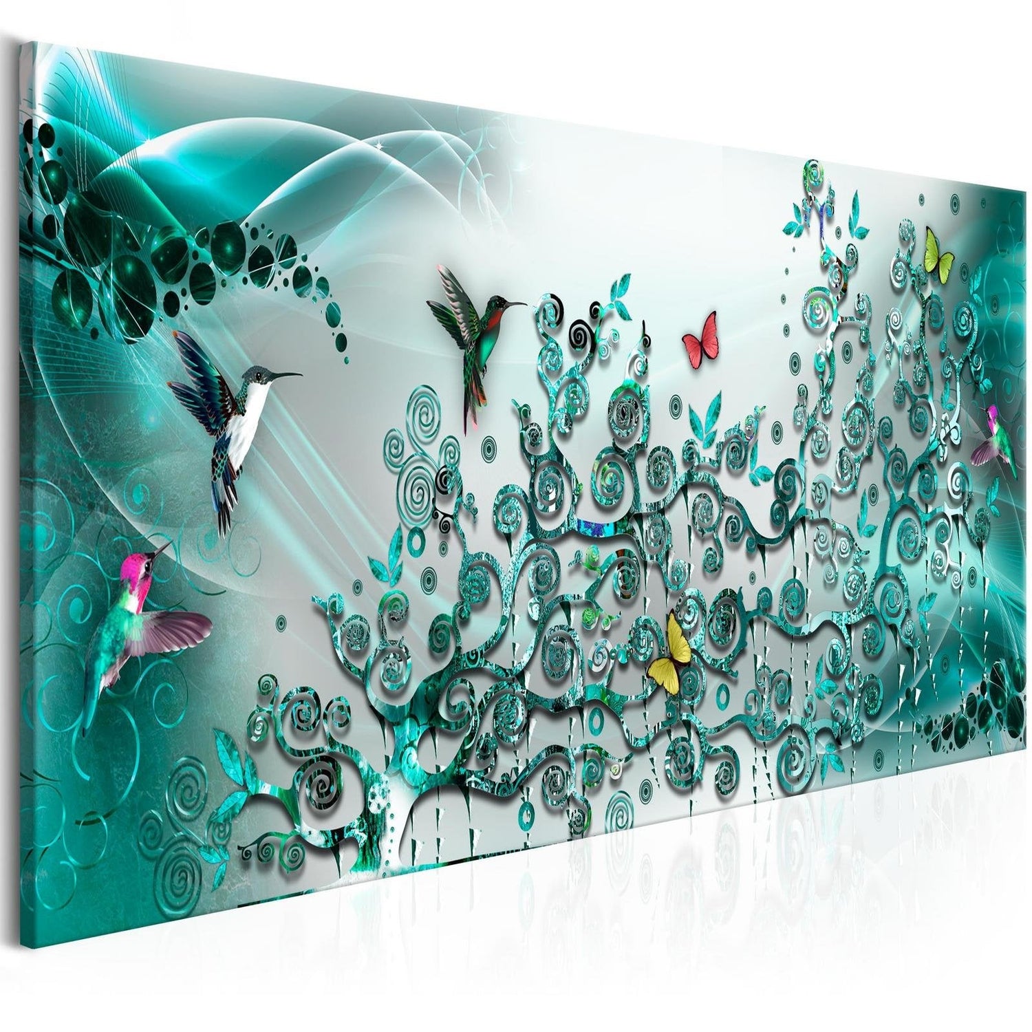Stretched Canvas Animal Art - Hummingbirds Dance Turquoise Narrow-Tiptophomedecor