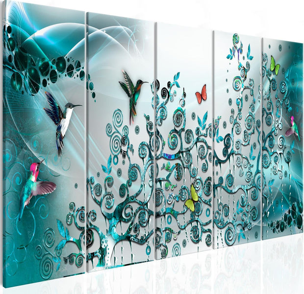 Stretched Canvas Animal Art - Hummingbirds Dance Turquoise Narrow-Tiptophomedecor
