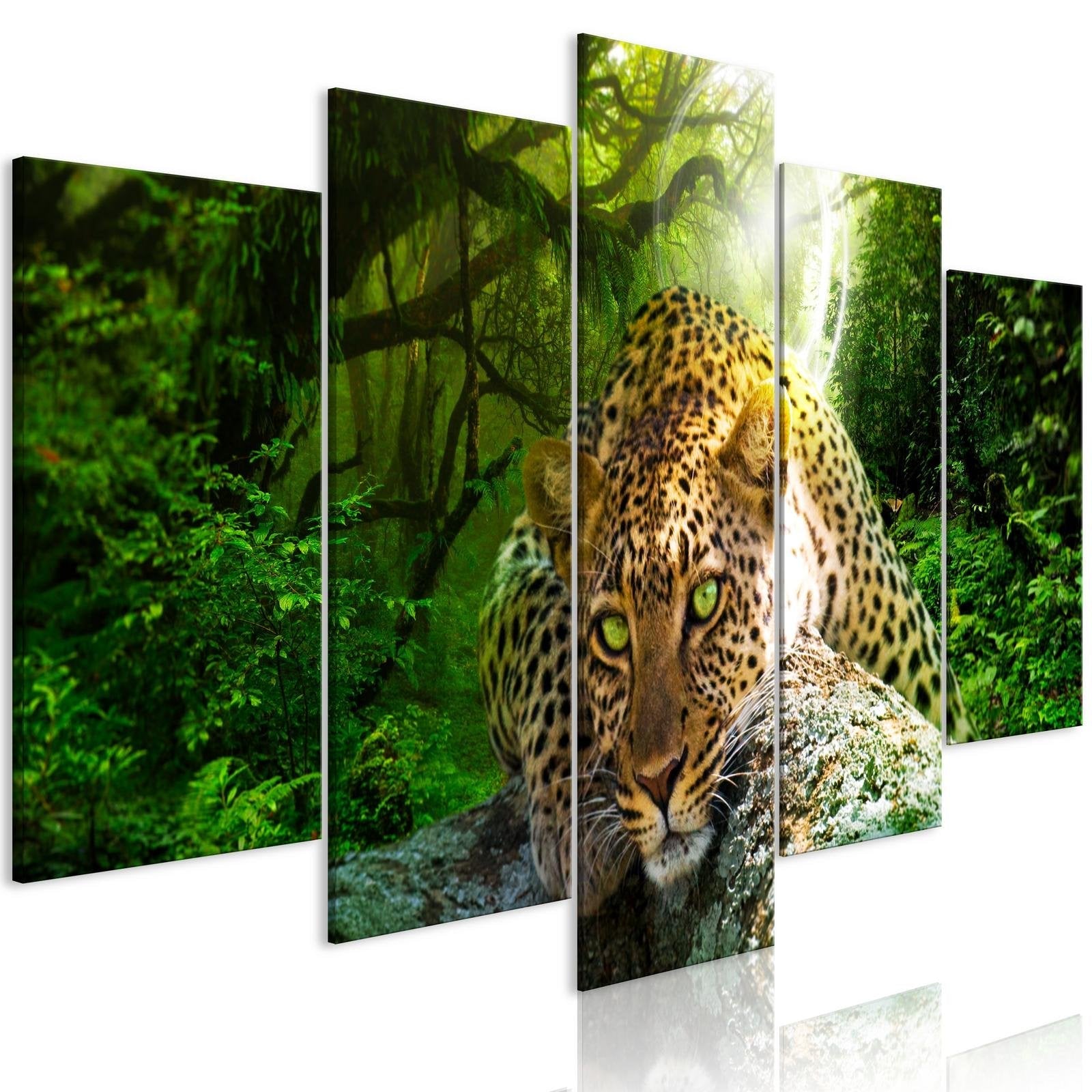 Stretched Canvas Animal Art - Leopard Lying Green 5 Piece-Tiptophomedecor