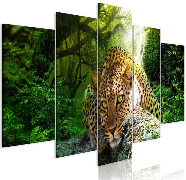 Stretched Canvas Animal Art - Leopard Lying Green 5 Piece-Tiptophomedecor