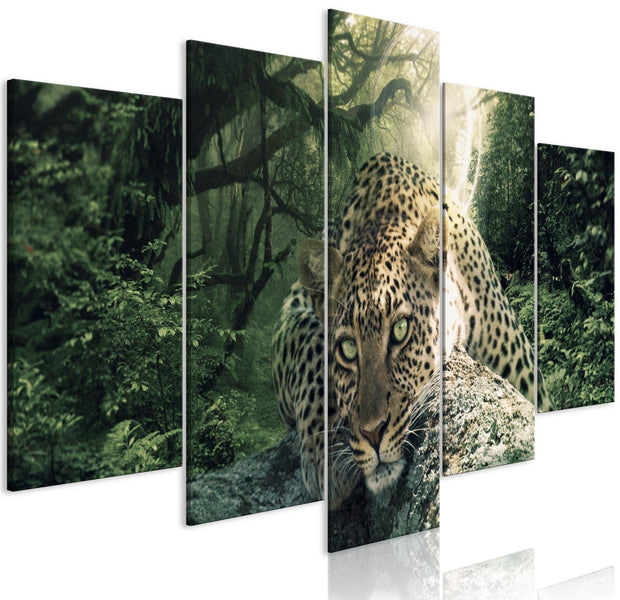 Stretched Canvas Animal Art - Leopard Lying Pale Green 5 Piece-Tiptophomedecor