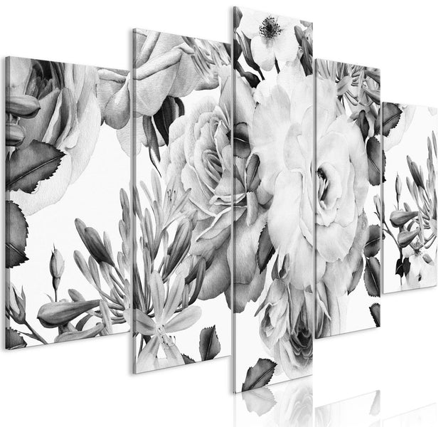 Stretched Canvas Floral Art - Rose Composition Wide Black And White-Tiptophomedecor