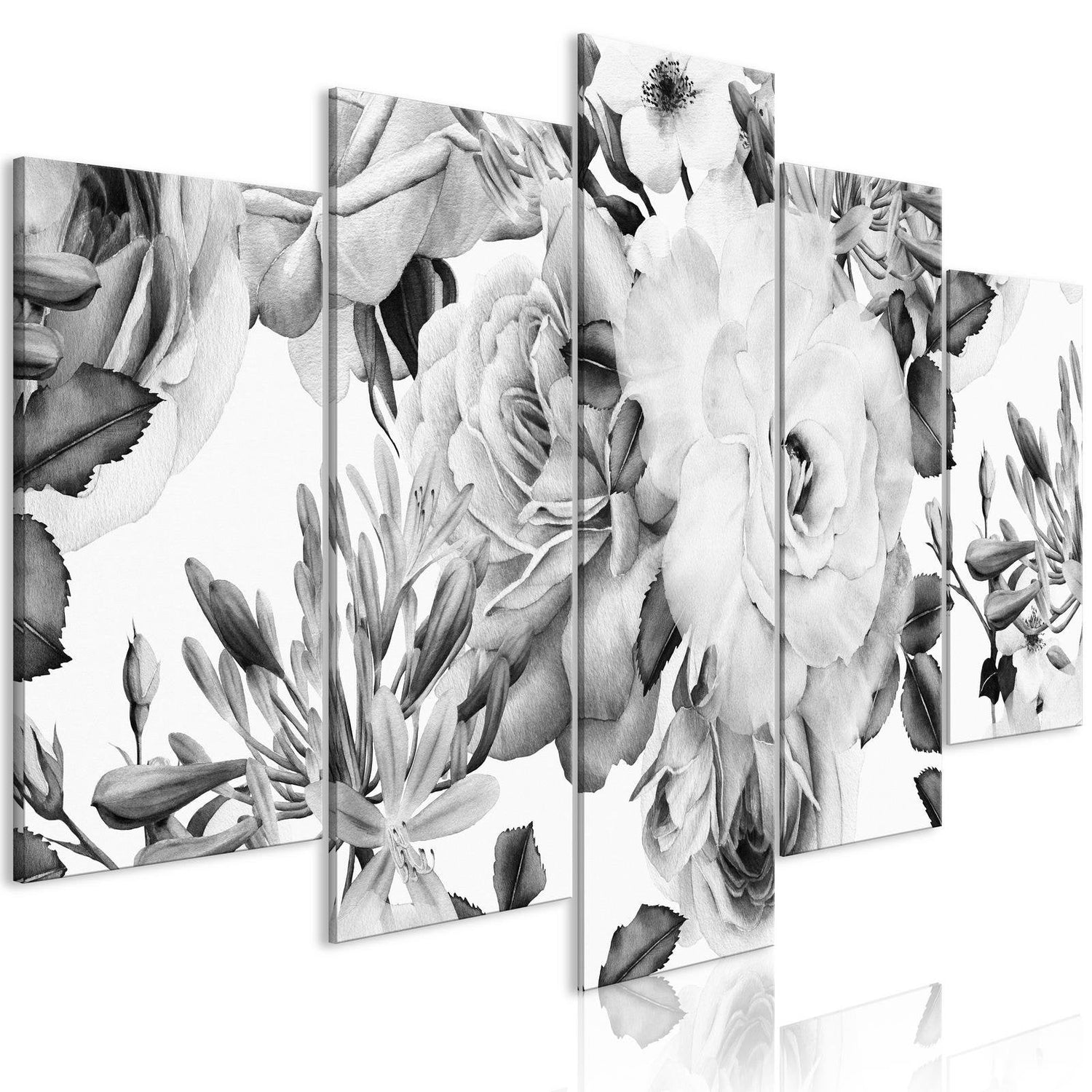 Stretched Canvas Floral Art - Rose Composition Wide Black And White-Tiptophomedecor