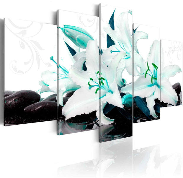 Stretched Canvas Floral Art - Turquoise Lilies And Stones-Tiptophomedecor
