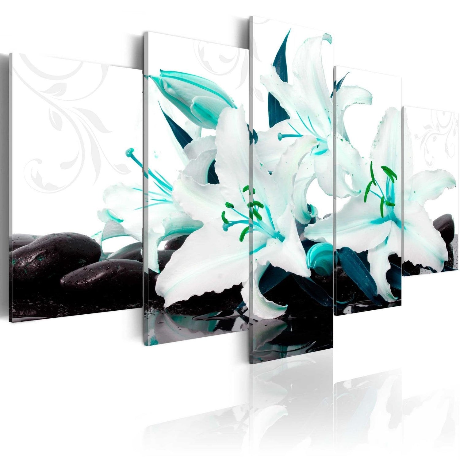 Stretched Canvas Floral Art - Turquoise Lilies And Stones-Tiptophomedecor