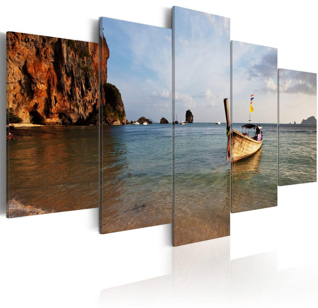 Stretched Canvas Landscape Art - A Fishing Boat By The Sea-Tiptophomedecor