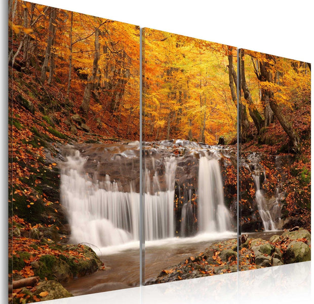 Stretched Canvas Landscape Art - A Waterfall In The Middle Of Fall Trees-Tiptophomedecor
