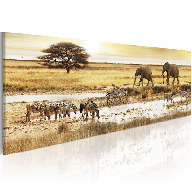 Stretched Canvas Landscape Art - Africa: At The Waterhole-Tiptophomedecor