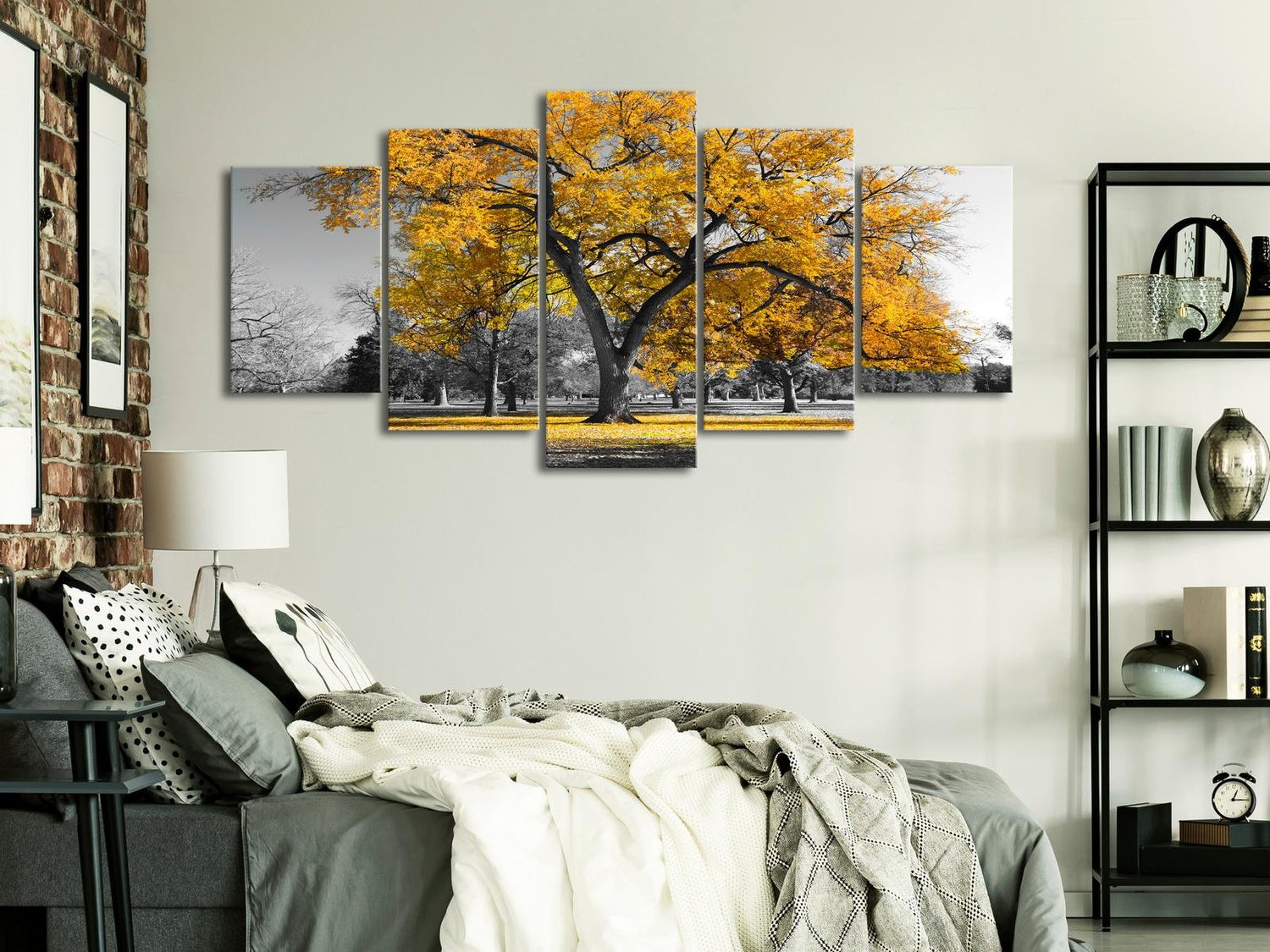 Stretched Canvas Landscape Art - Autumn In The Park Gold 5 Piece-Tiptophomedecor