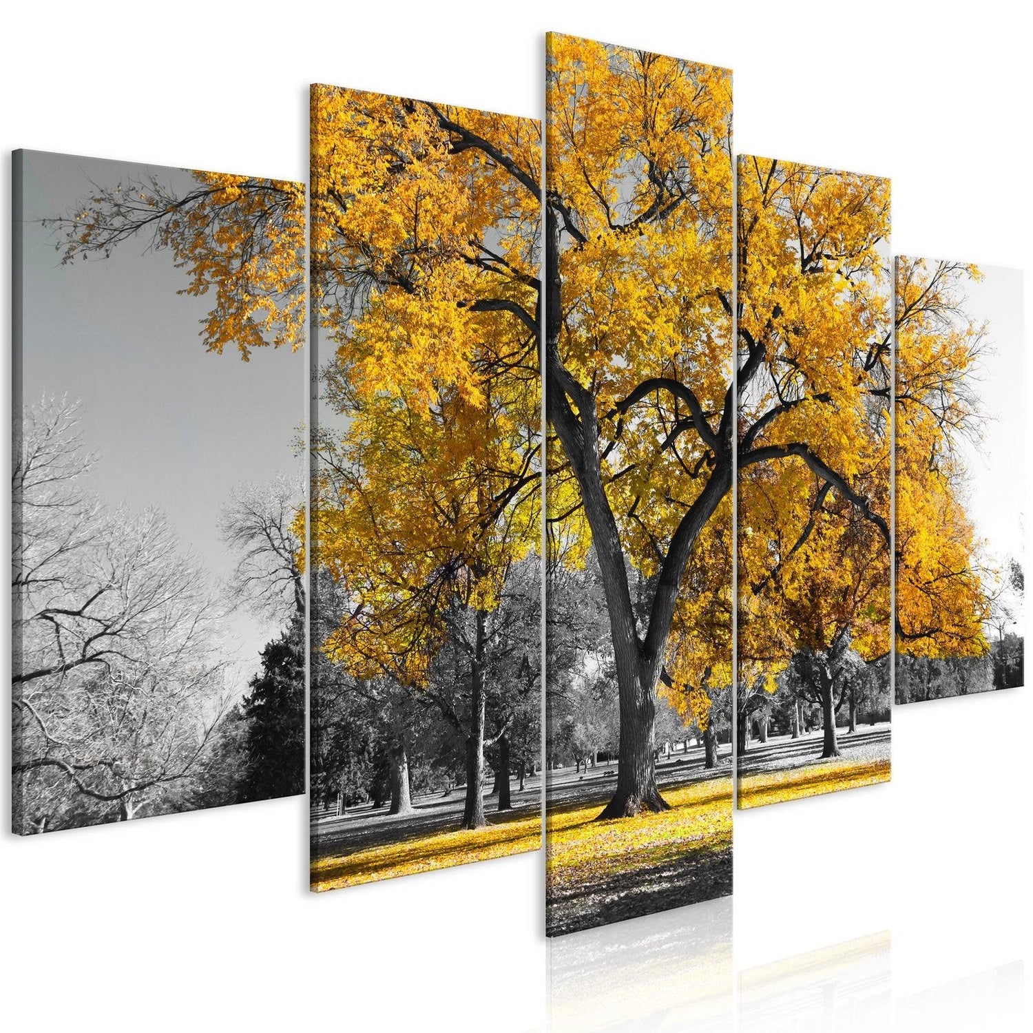Stretched Canvas Landscape Art - Autumn In The Park Gold 5 Piece-Tiptophomedecor