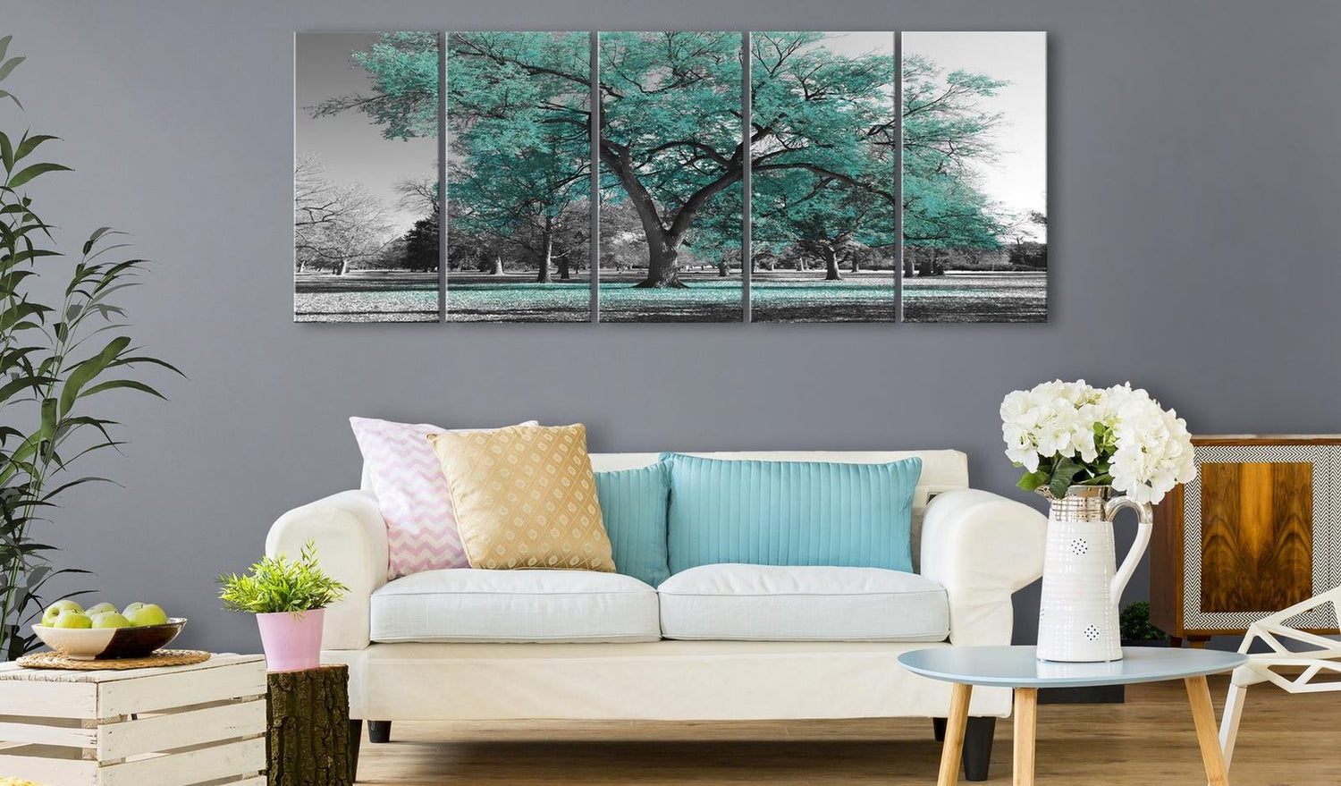 Stretched Canvas Landscape Art - Autumn In The Park Narrow Turquoise-Tiptophomedecor