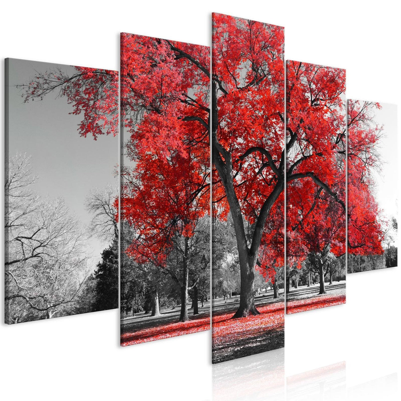 Stretched Canvas Landscape Art - Autumn In The Park Red 5 Piece-Tiptophomedecor