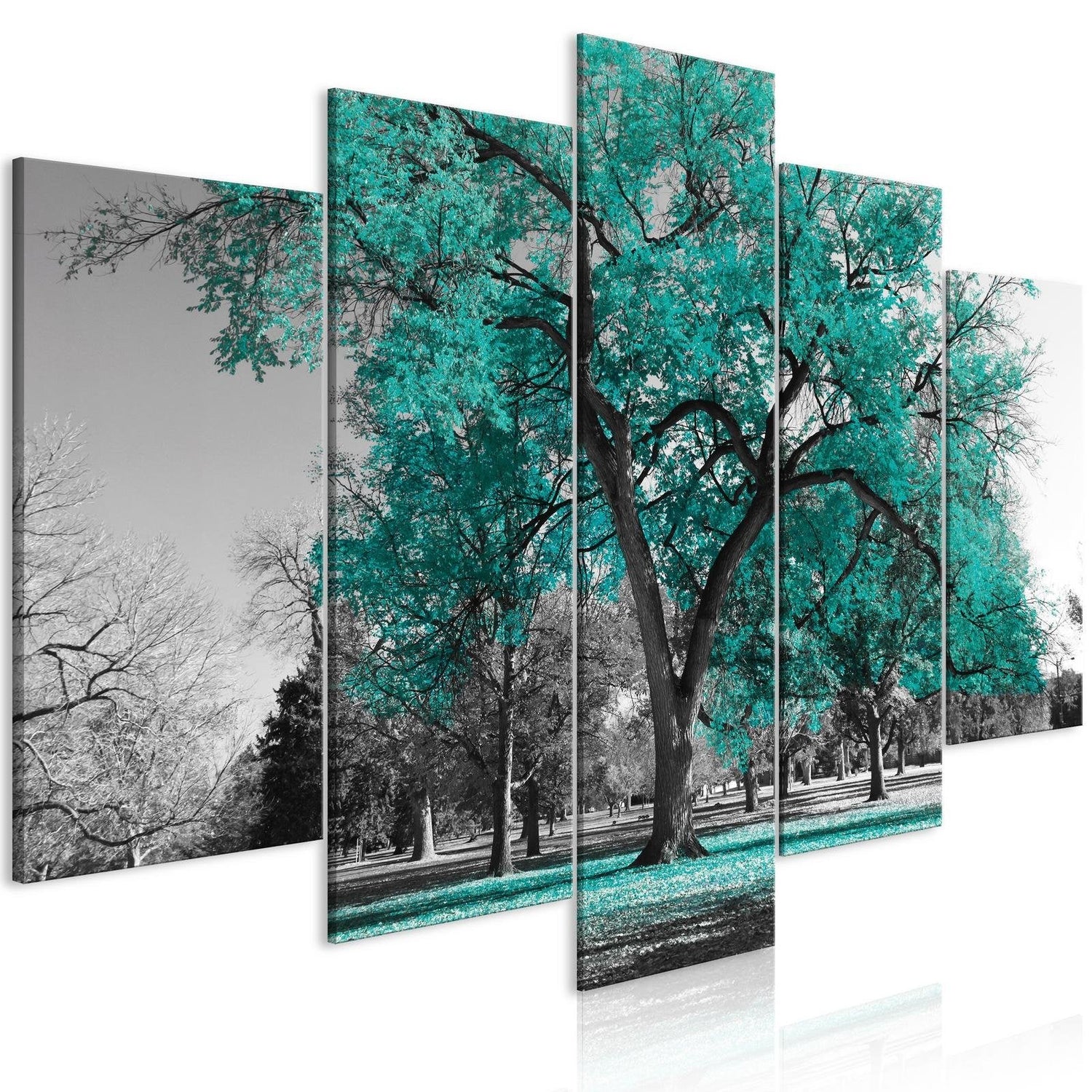 Stretched Canvas Landscape Art - Autumn In The Park Turquoise 5 Piece-Tiptophomedecor