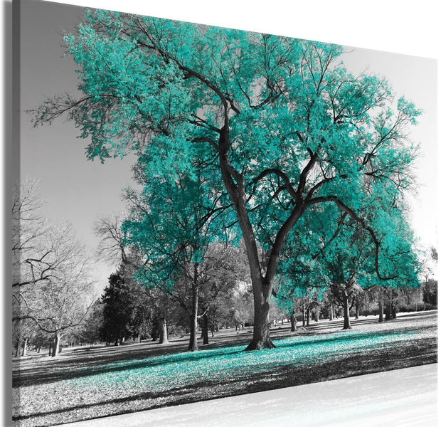 Stretched Canvas Landscape Art - Autumn In The Park Wide Turquoise-Tiptophomedecor
