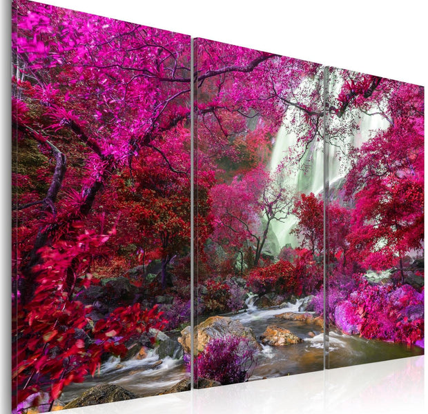 Stretched Canvas Landscape Art - Beautiful Waterfall: Pink Forest-Tiptophomedecor