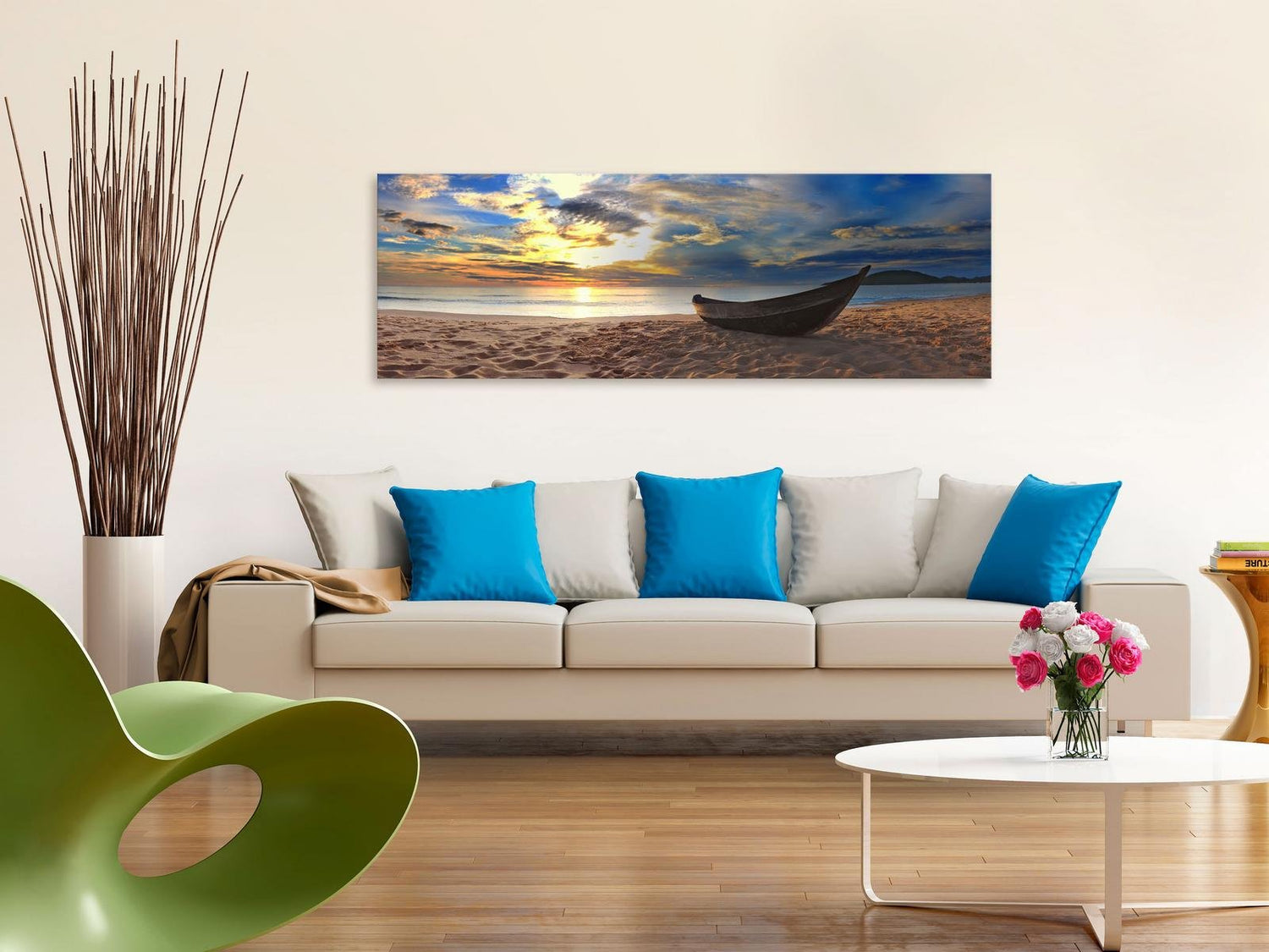 Stretched Canvas Landscape Art - Boat On The Beach Narrow-Tiptophomedecor