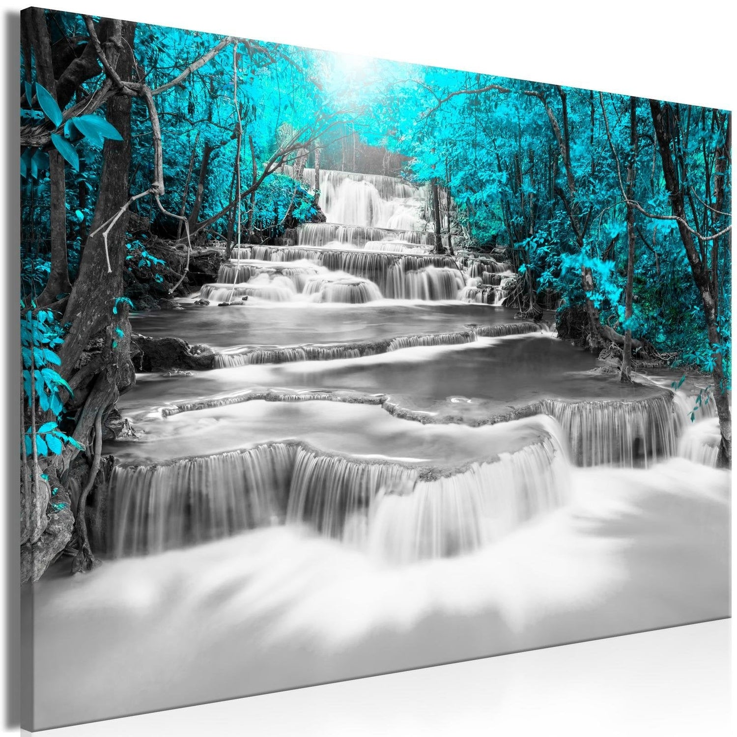 Stretched Canvas Landscape Art - Cascade Of Thoughts Wide Turquoise-Tiptophomedecor