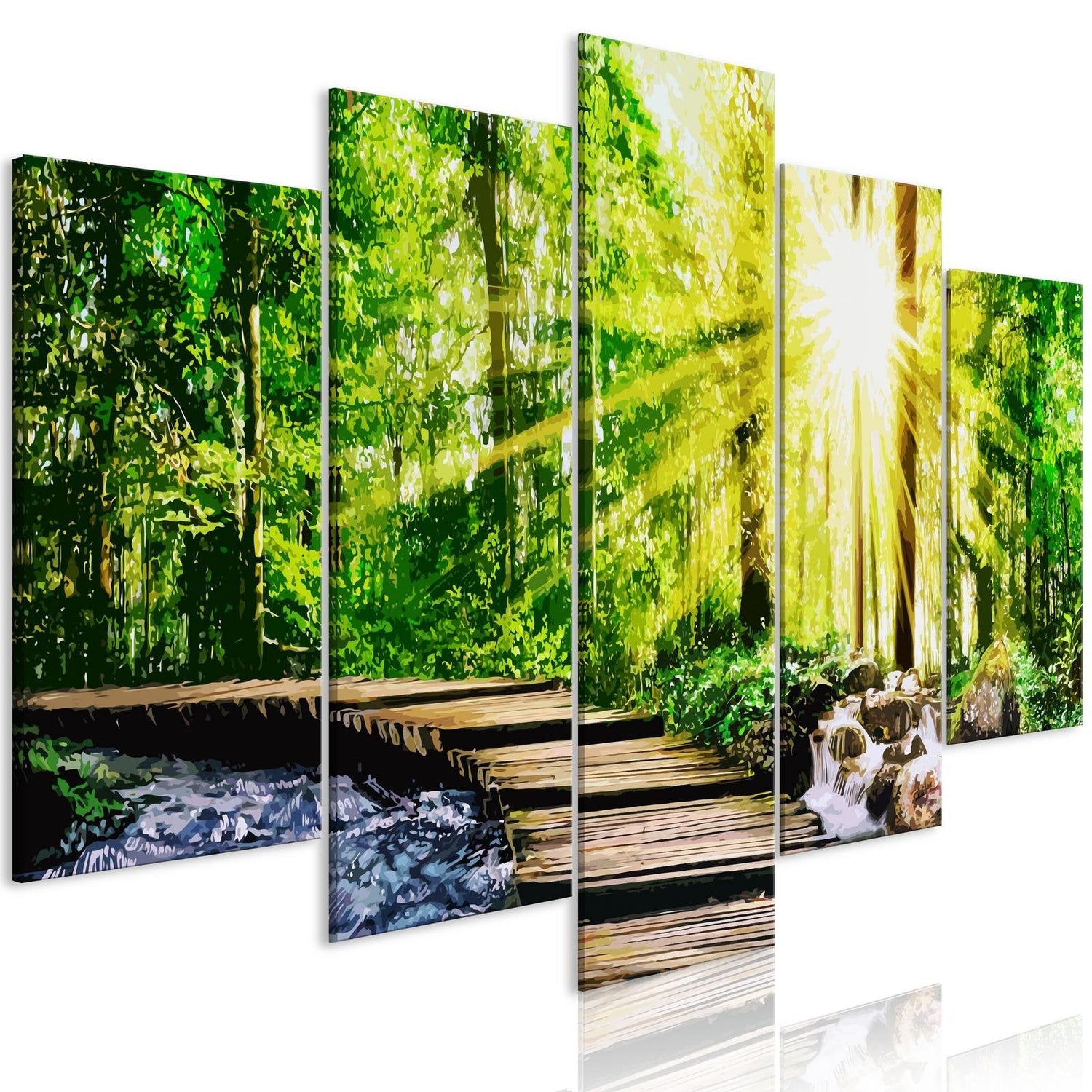Stretched Canvas Landscape Art - Forest Footbridge 5 Piece-Tiptophomedecor