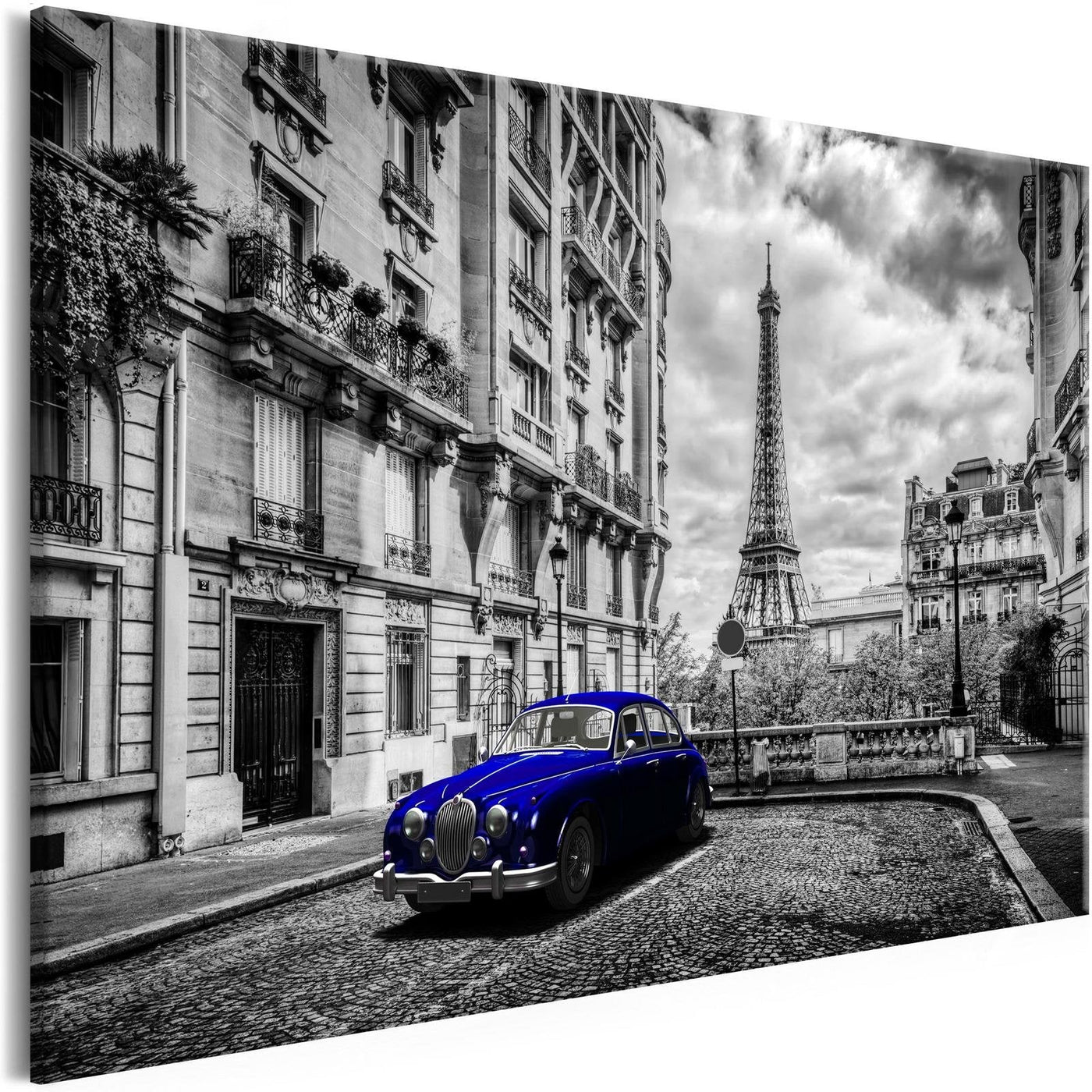Stretched Canvas Places - Car In Paris Blue Wide-Tiptophomedecor