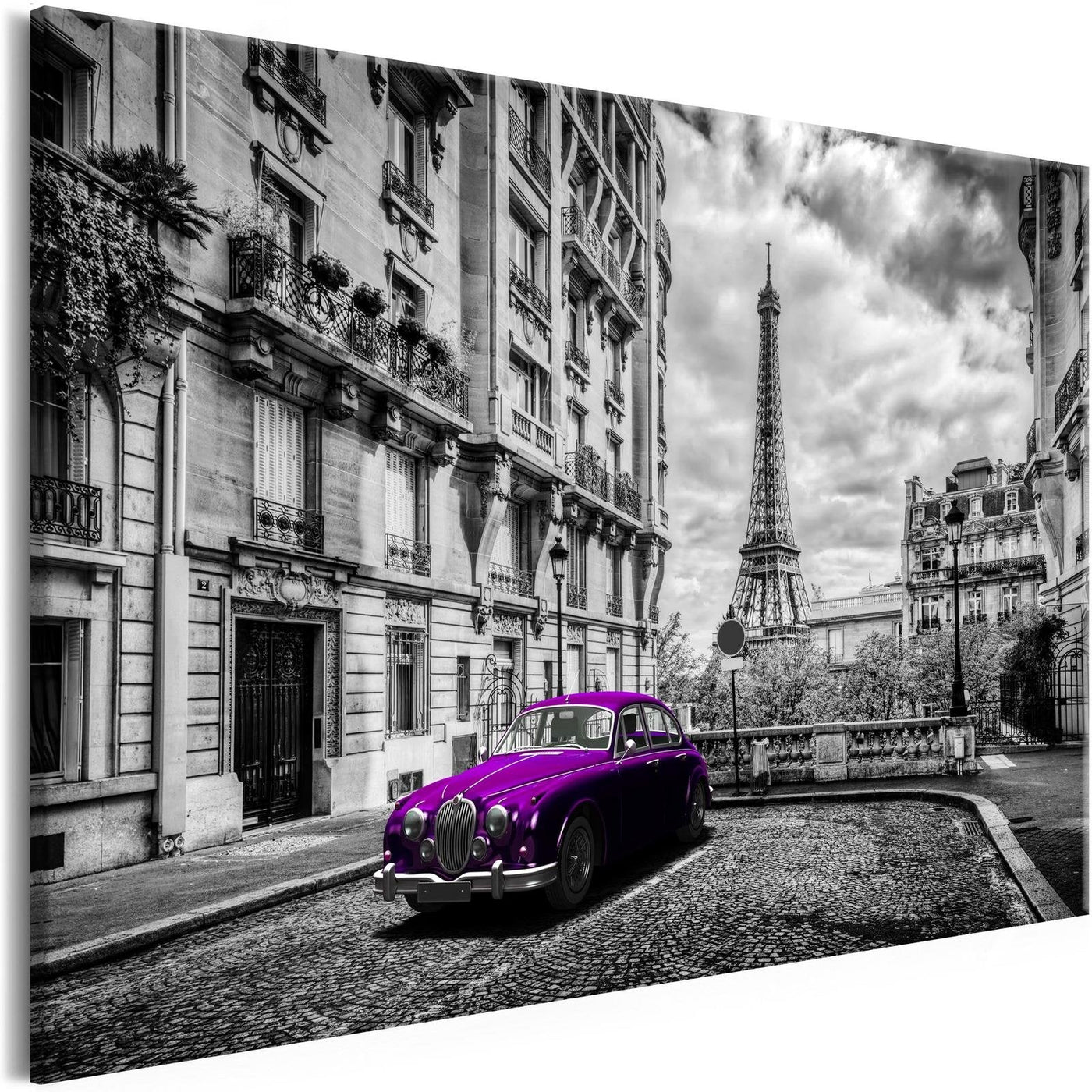 Stretched Canvas Places - Car In Paris Violet Wide-Tiptophomedecor
