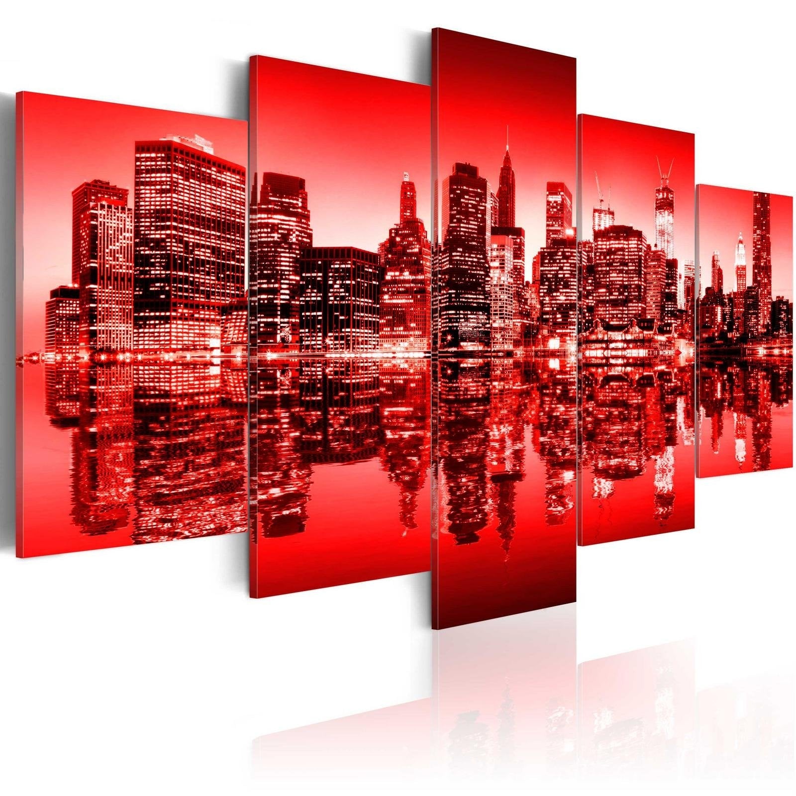 Stretched Canvas Places - Red Glow Over New York - 5 Pieces-Tiptophomedecor