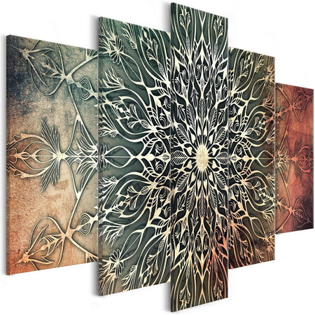 Stretched Canvas Print - Mandala Green Orange 5 Piece-Tiptophomedecor