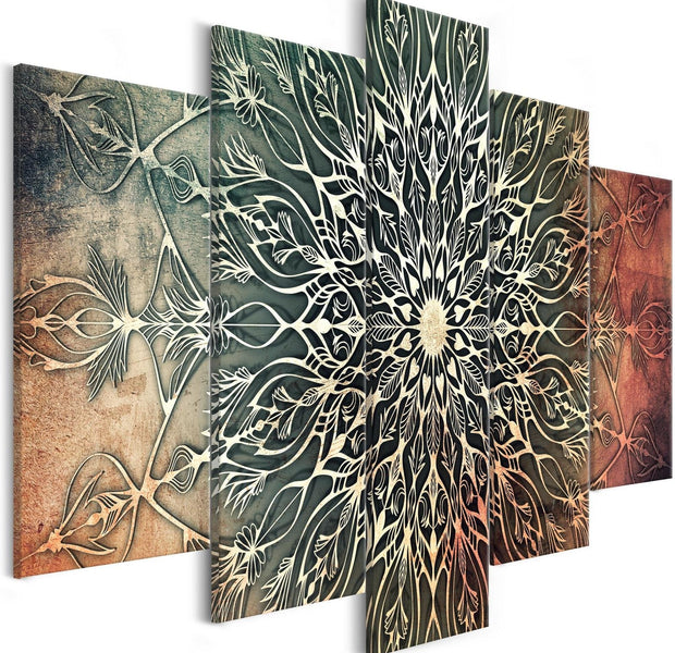 Stretched Canvas Print - Mandala Green Orange 5 Piece-Tiptophomedecor