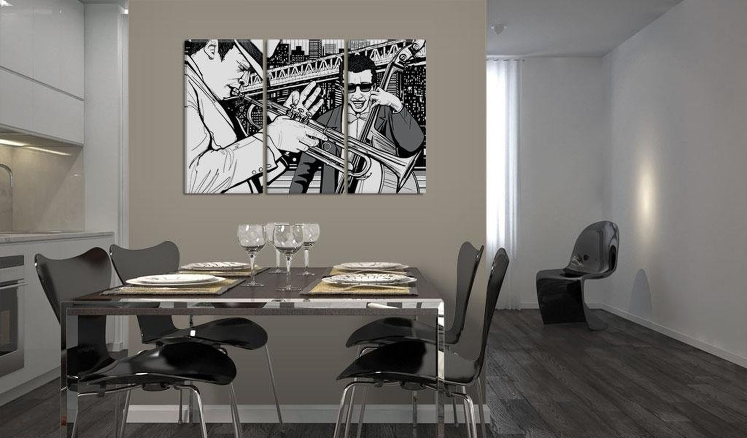 Stretched Canvas Still Life Art - Jazz Concert On The Background Of New York Skyscrapers-Tiptophomedecor