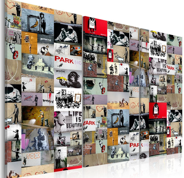 Stretched Canvas Street Art - Banksy Collage 3 Piece-Tiptophomedecor