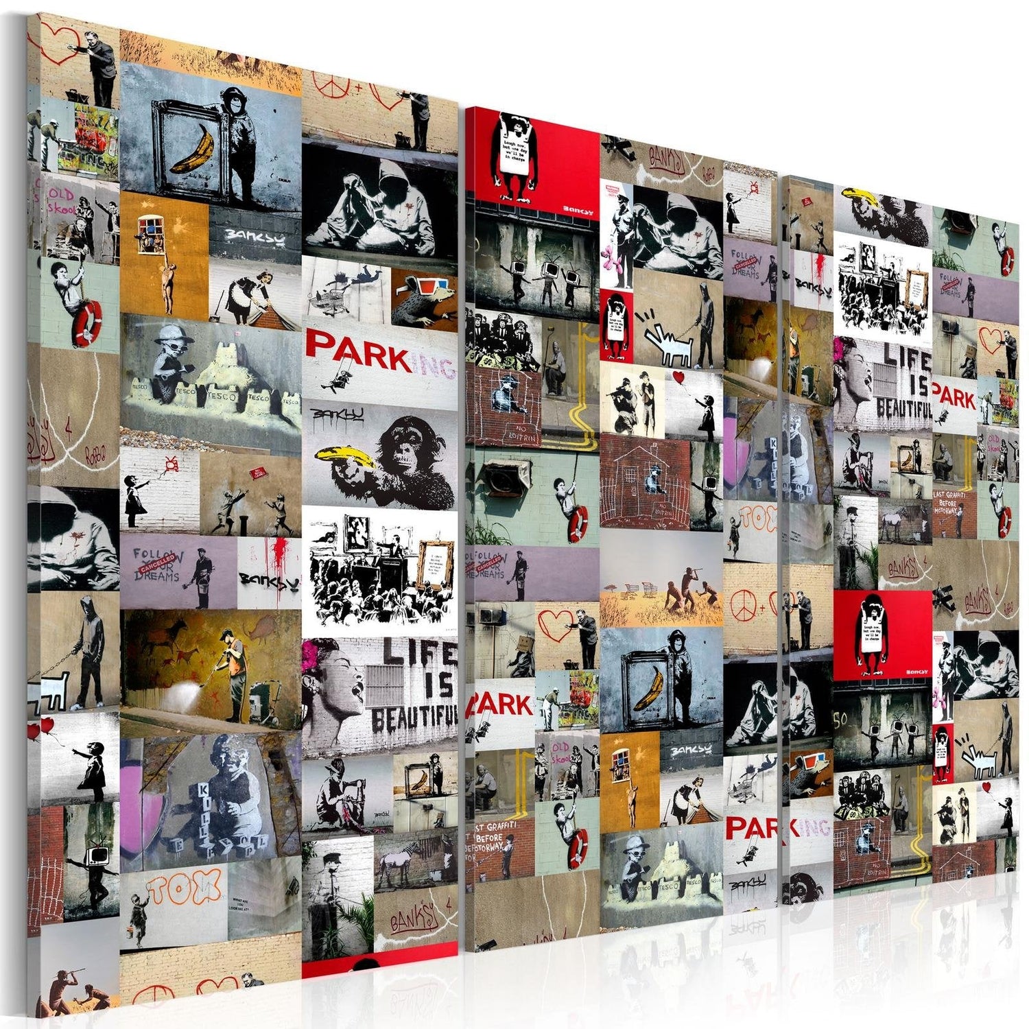 Stretched Canvas Street Art - Banksy Collage 3 Piece-Tiptophomedecor