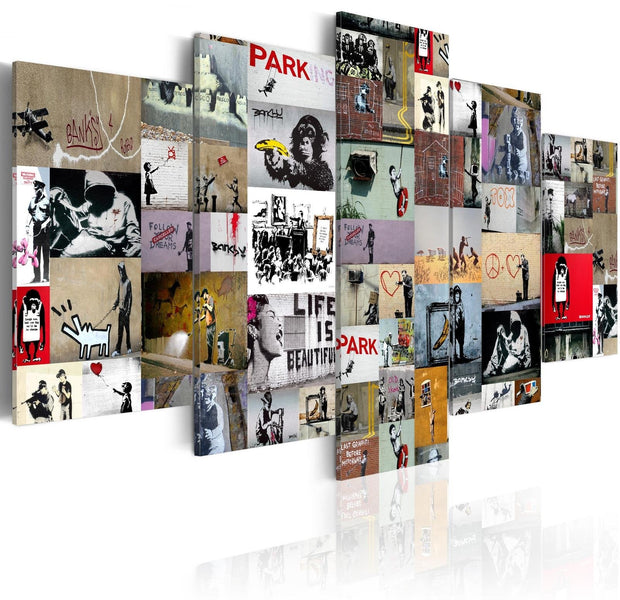 Stretched Canvas Street Art - Banksy Collage 5 Piece-Tiptophomedecor