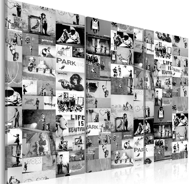 Stretched Canvas Street Art - Banksy Collage Black & White 3 Piece-Tiptophomedecor