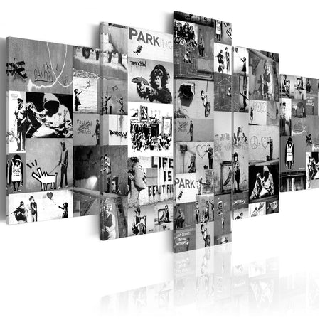 Stretched Canvas Street Art - Banksy Collage Black & White 5 Piece-Tiptophomedecor
