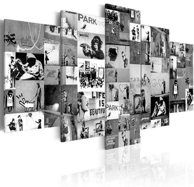 Stretched Canvas Street Art - Banksy Collage Black & White 5 Piece-Tiptophomedecor