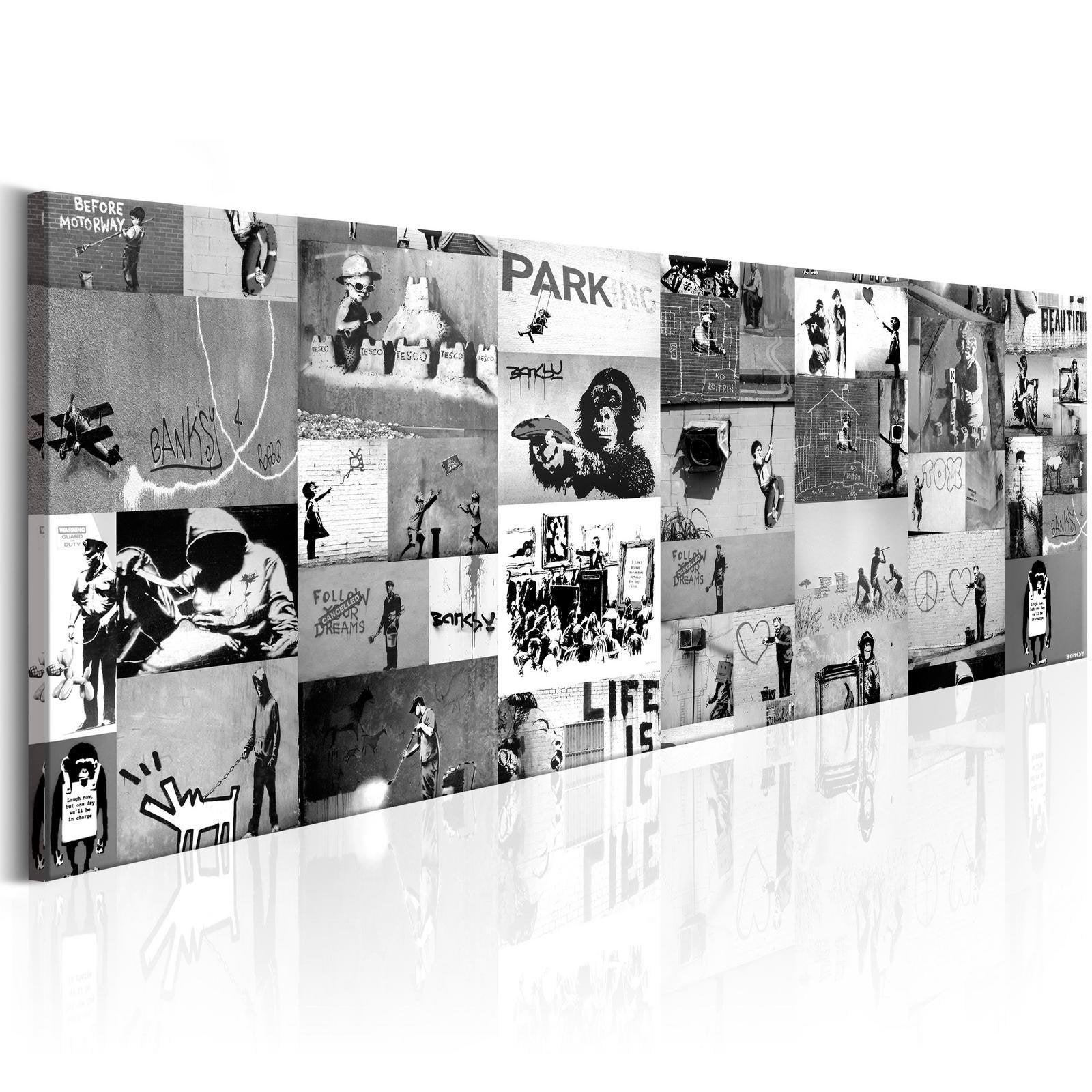 Stretched Canvas Street Art - Banksy Collage Black & White-Tiptophomedecor