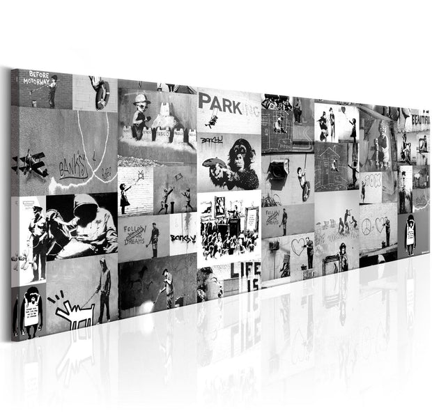 Stretched Canvas Street Art - Banksy Collage Black & White-Tiptophomedecor